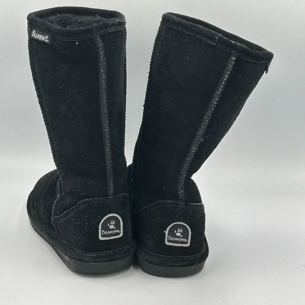 Bearpaw Elle Youth Black Suede Fur Lined Boots‎ Size 2 -Super Clean 10” High